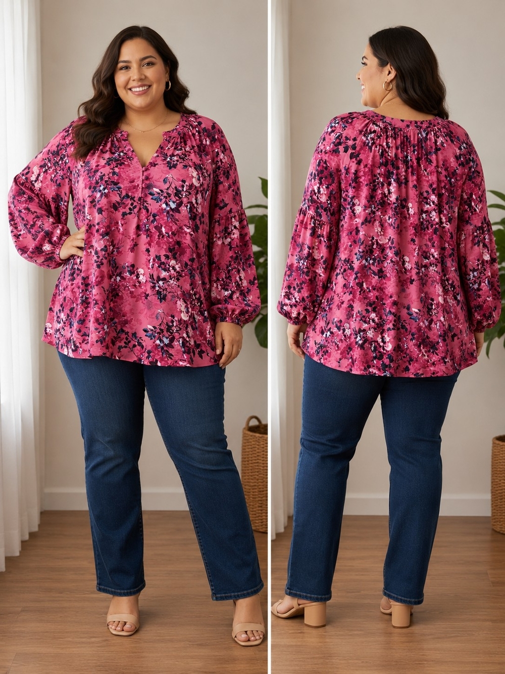 Torrid Size 6 Blouse Rose Floral Georgette Long Bubble Sleeve Top Plus Size